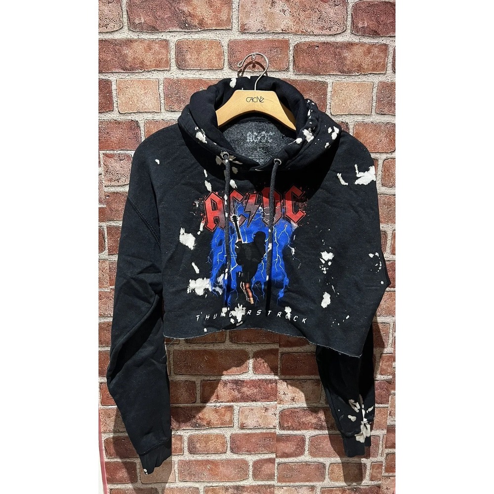 ACDC Unisex Long Slv Cropped Hoodie Sweatshirt Size S Black Bleach Spots CutOff